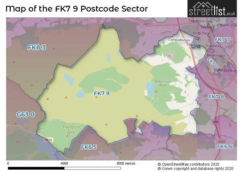 Map of the FK7 9 and surrounding postcode sector