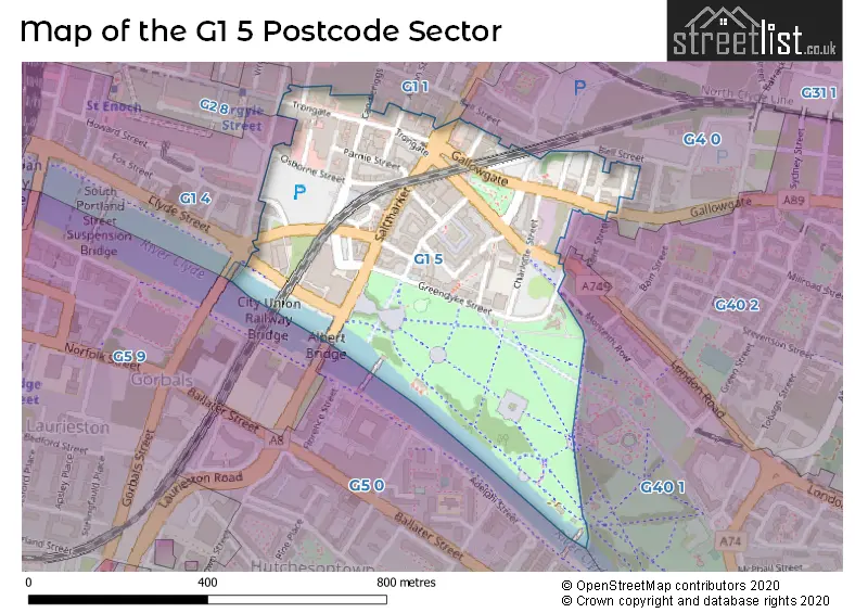 Map of the G1 5 and surrounding postcode sector