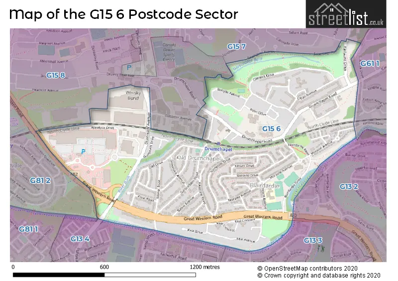 Map of the G15 6 and surrounding postcode sector