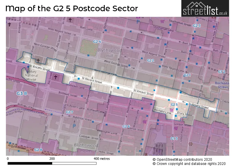 Map of the G2 5 and surrounding postcode sector