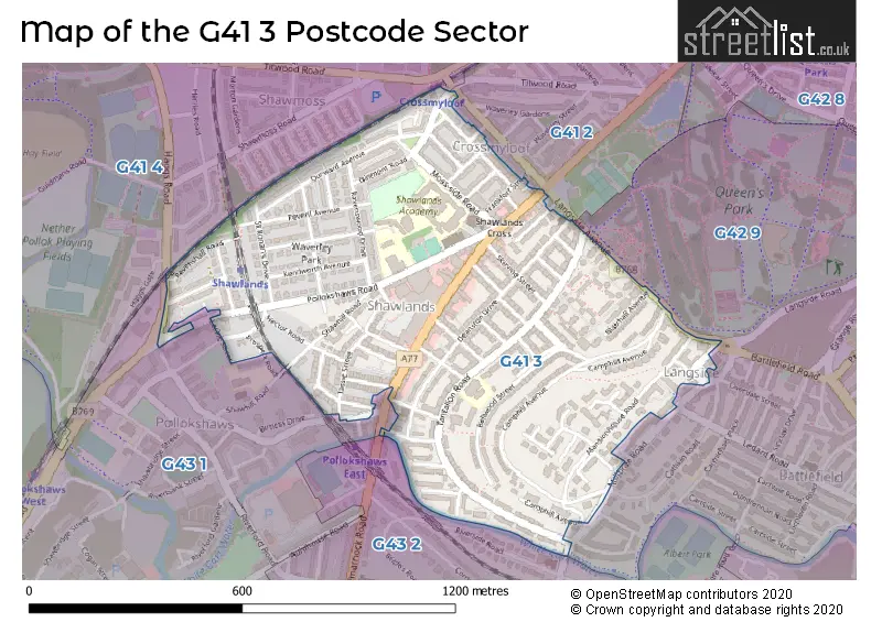 Map of the G41 3 and surrounding postcode sector