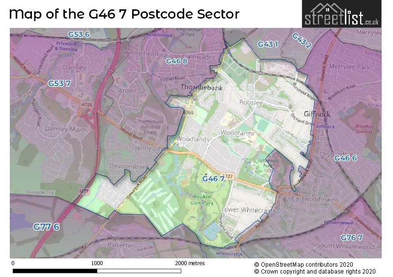 Map of the G46 7 and surrounding postcode sector