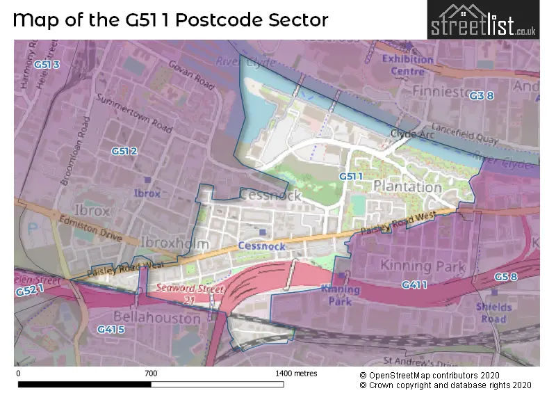 Map of the G51 1 and surrounding postcode sector