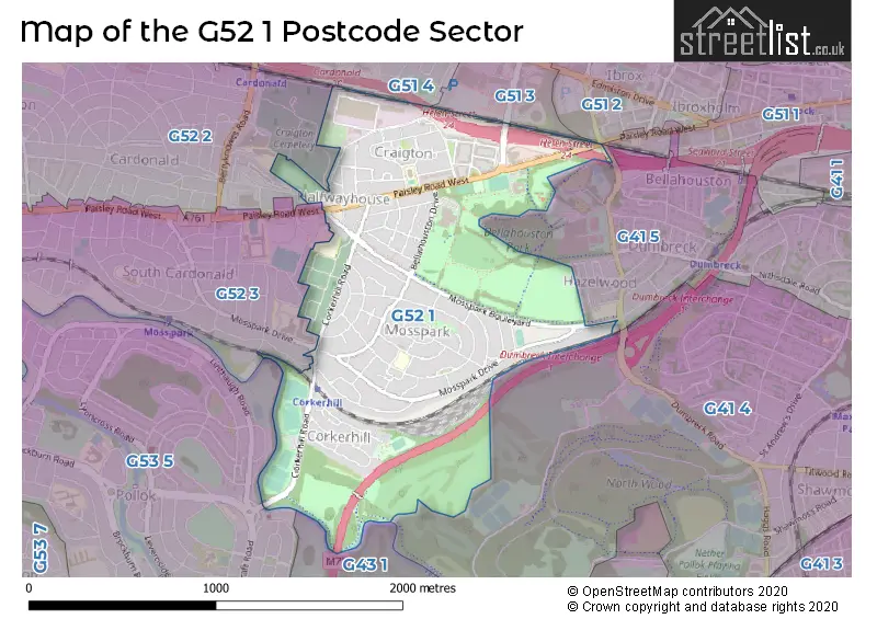 Map of the G52 1 and surrounding postcode sector