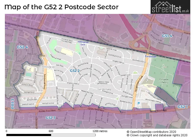 Map of the G52 2 and surrounding postcode sector