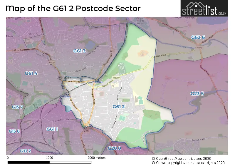 Map of the G61 2 and surrounding postcode sector