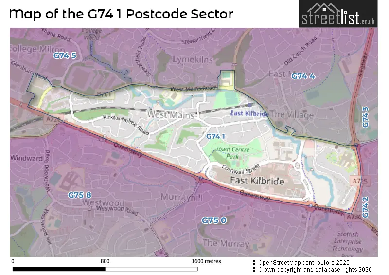 Map of the G74 1 and surrounding postcode sector