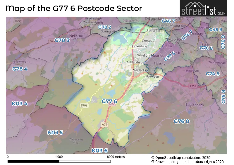 Map of the G77 6 and surrounding postcode sector