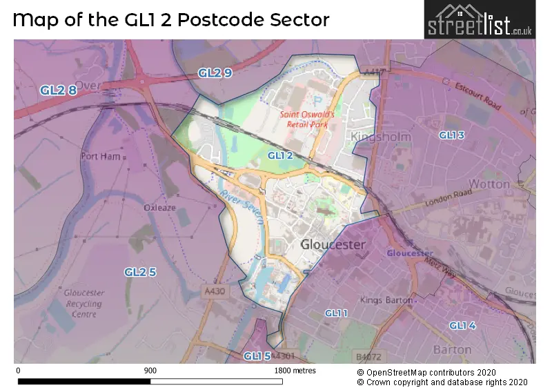 Map of the GL1 2 and surrounding postcode sector