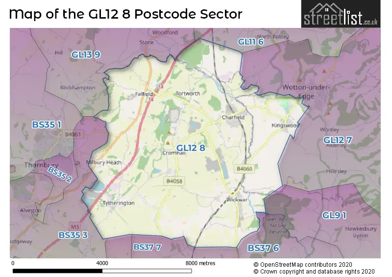 Map of the GL12 8 and surrounding postcode sector