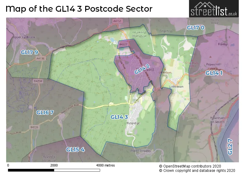 Map of the GL14 3 and surrounding postcode sector