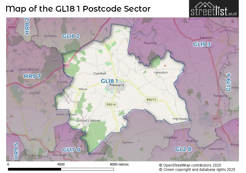 Map of the GL18 1 and surrounding postcode sector