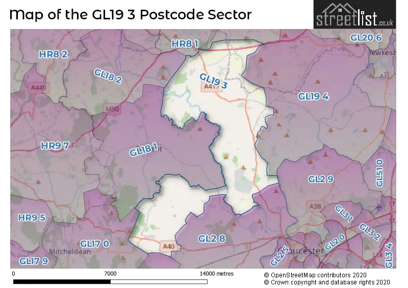 Map of the GL19 3 and surrounding postcode sector