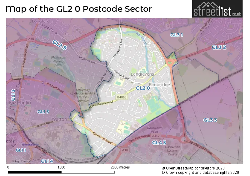 Map of the GL2 0 and surrounding postcode sector