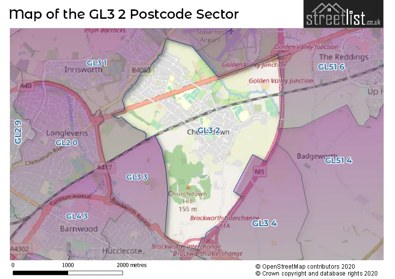 Map of the GL3 2 and surrounding postcode sector