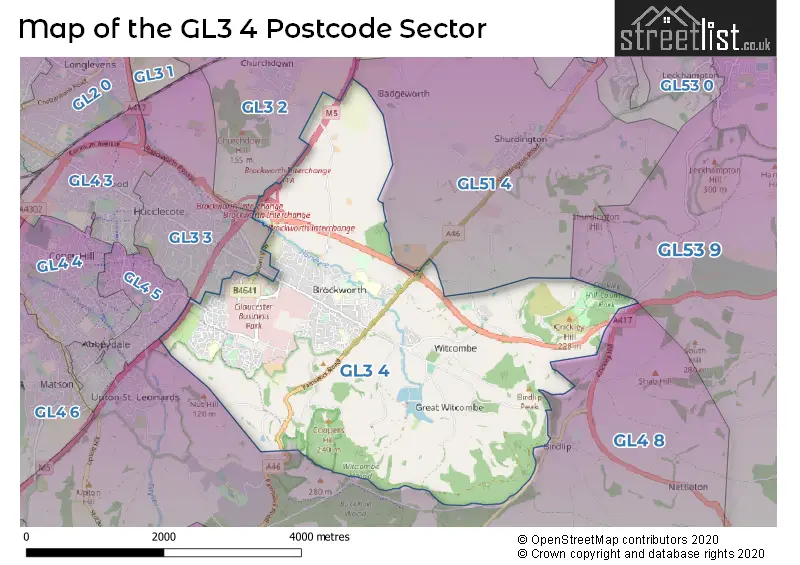 Map of the GL3 4 and surrounding postcode sector