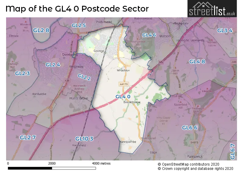 Map of the GL4 0 and surrounding postcode sector