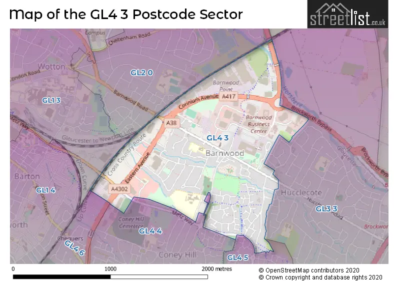 Map of the GL4 3 and surrounding postcode sector