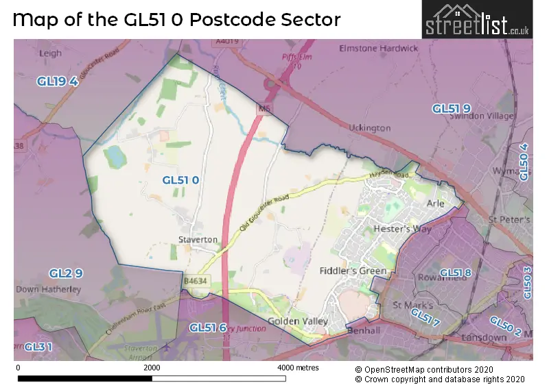 Map of the GL51 0 and surrounding postcode sector