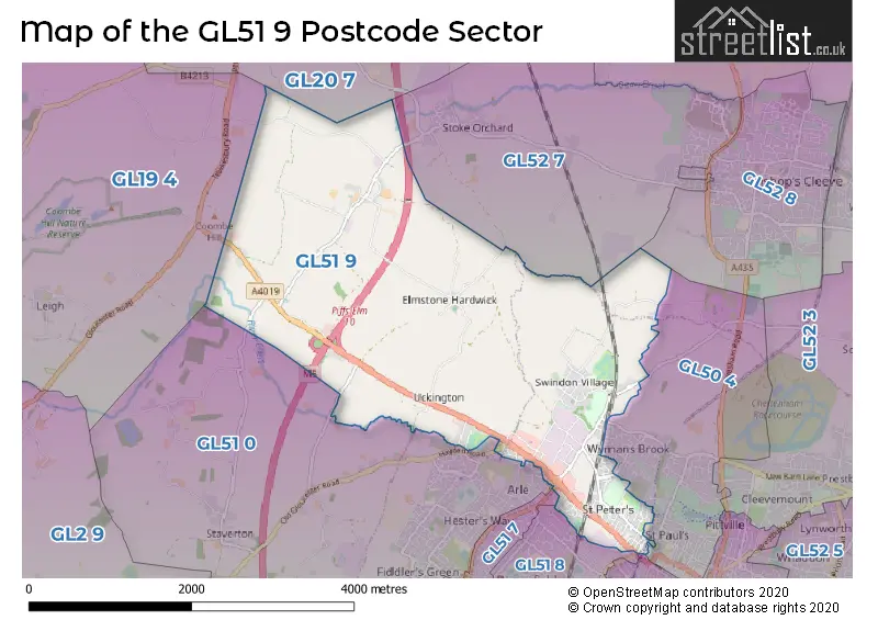 Map of the GL51 9 and surrounding postcode sector