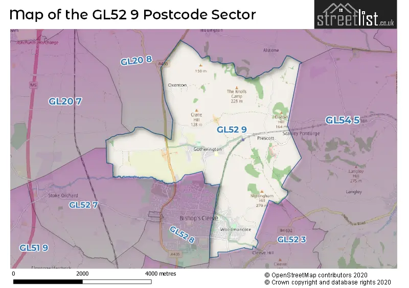 Map of the GL52 9 and surrounding postcode sector