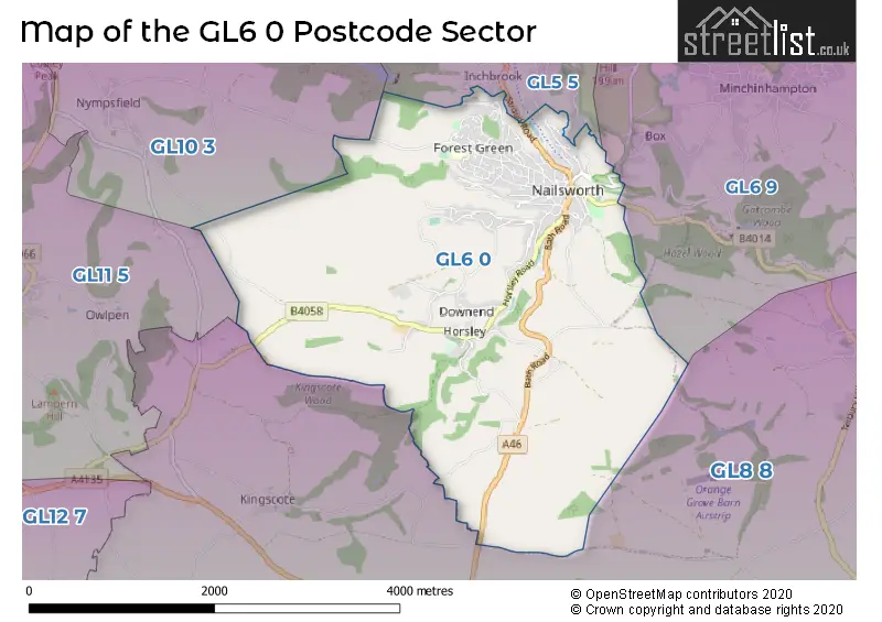 Map of the GL6 0 and surrounding postcode sector