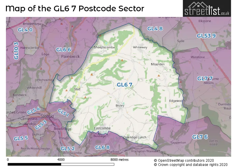 Map of the GL6 7 and surrounding postcode sector