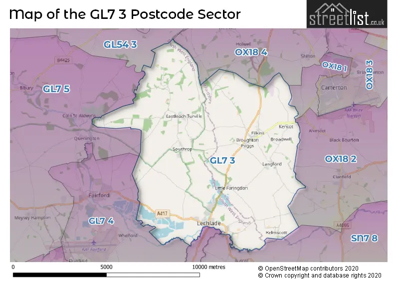 Map of the GL7 3 and surrounding postcode sector