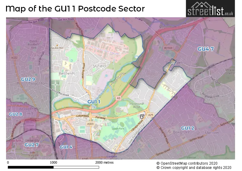 Map of the GU1 1 and surrounding postcode sector