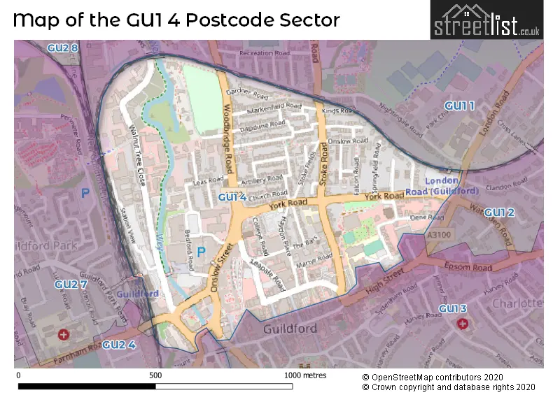 Map of the GU1 4 and surrounding postcode sector