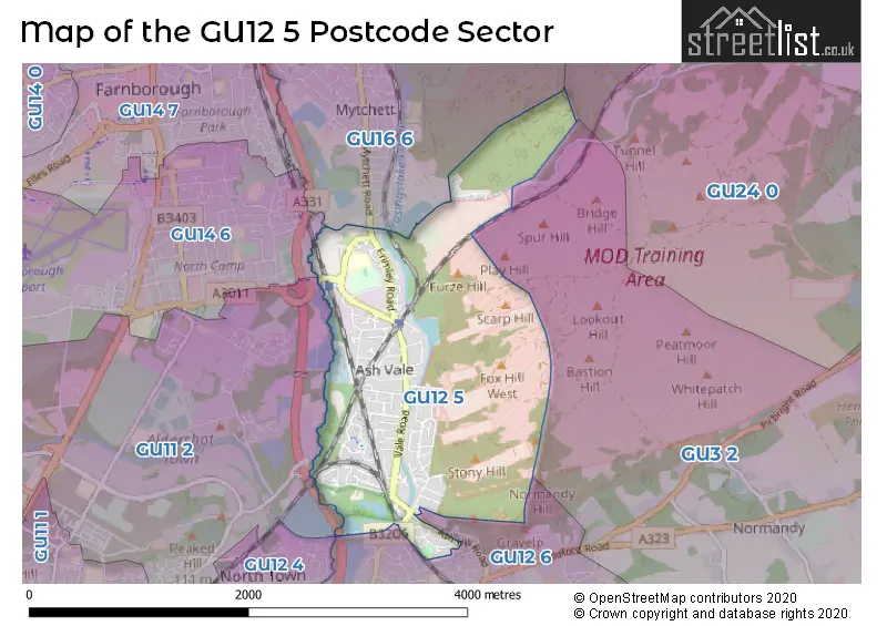 Map of the GU12 5 and surrounding postcode sector