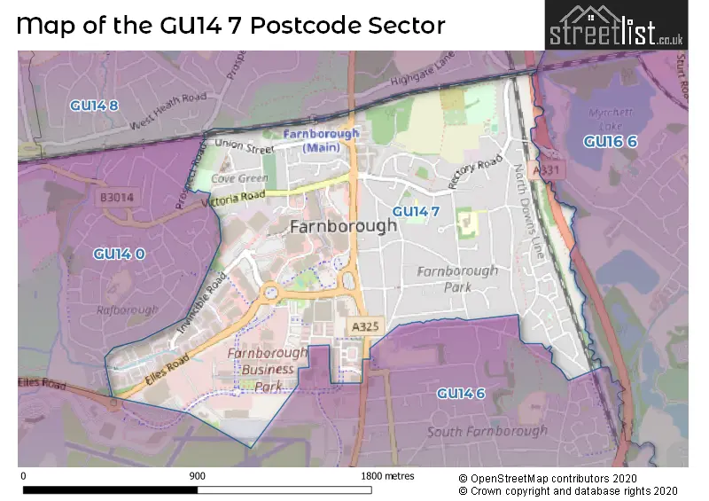 Map of the GU14 7 and surrounding postcode sector