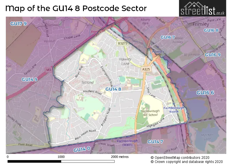 Map of the GU14 8 and surrounding postcode sector