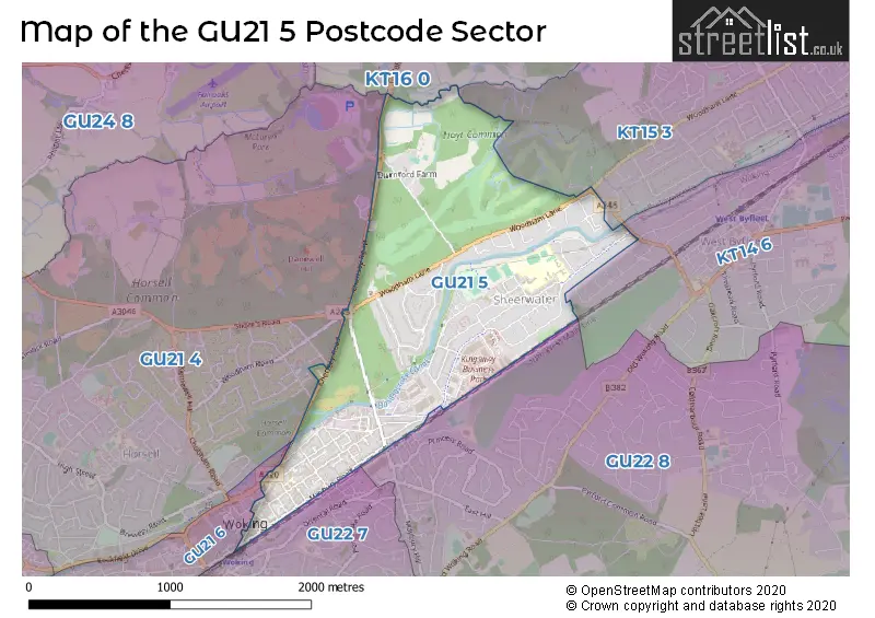 Map of the GU21 5 and surrounding postcode sector