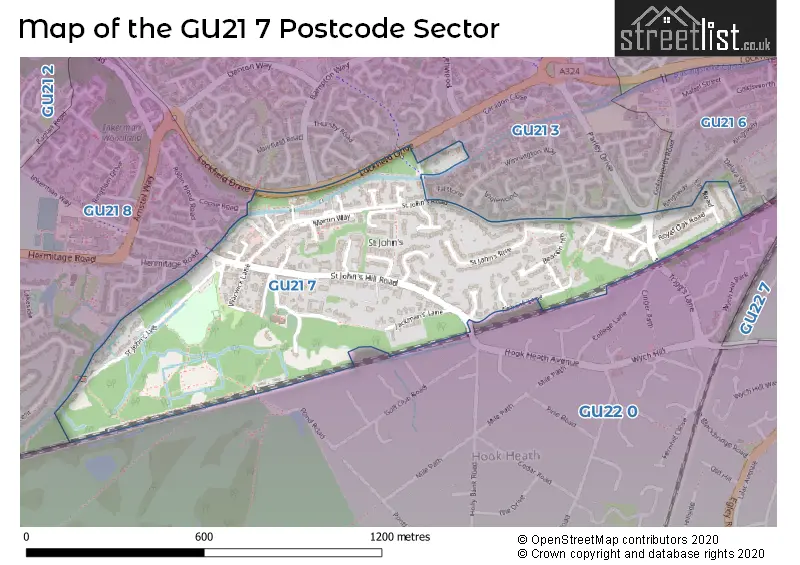 Map of the GU21 7 and surrounding postcode sector