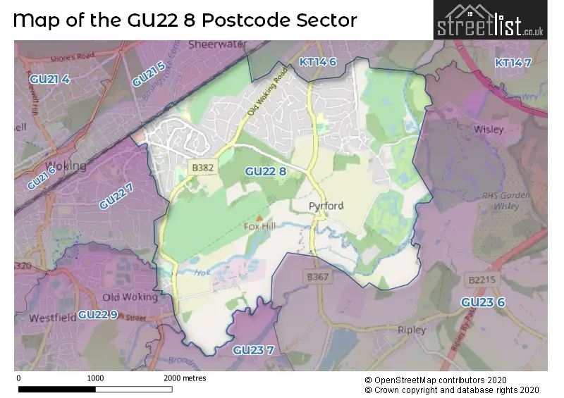 Map of the GU22 8 and surrounding postcode sector