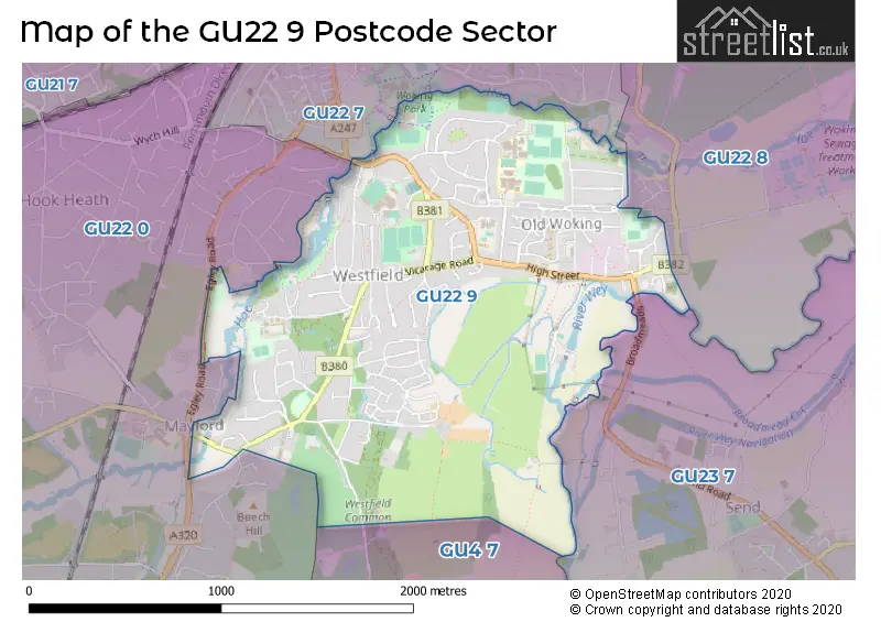 Map of the GU22 9 and surrounding postcode sector