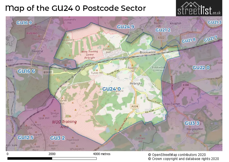 Map of the GU24 0 and surrounding postcode sector