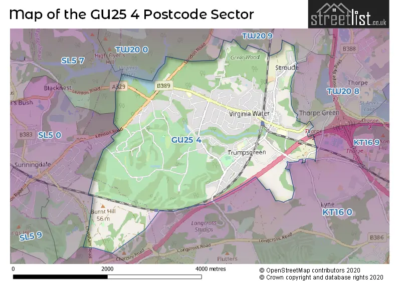 Map of the GU25 4 and surrounding postcode sector