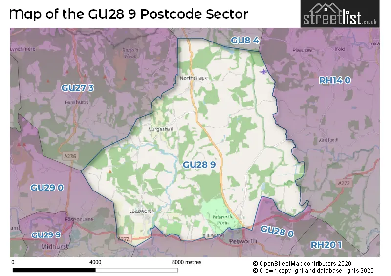 Map of the GU28 9 and surrounding postcode sector