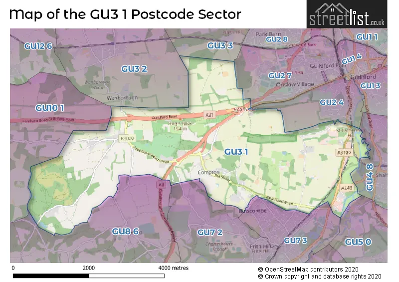 Map of the GU3 1 and surrounding postcode sector