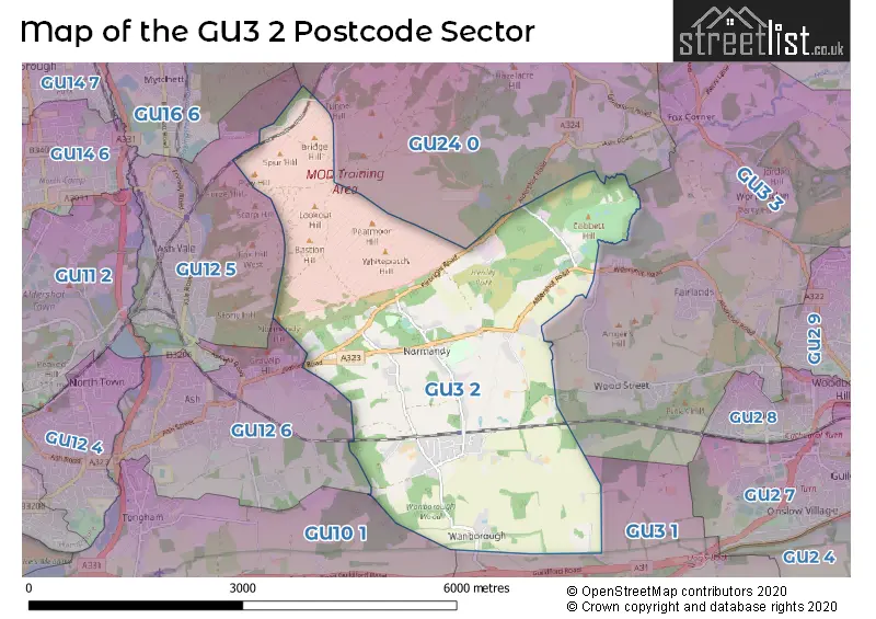 Map of the GU3 2 and surrounding postcode sector