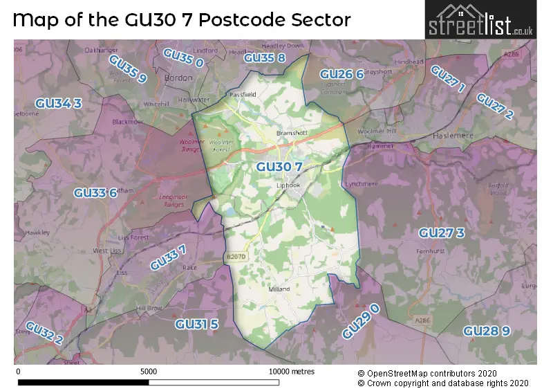 Map of the GU30 7 and surrounding postcode sector