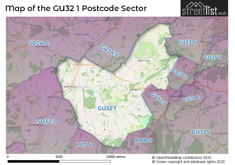 Map of the GU32 1 and surrounding postcode sector