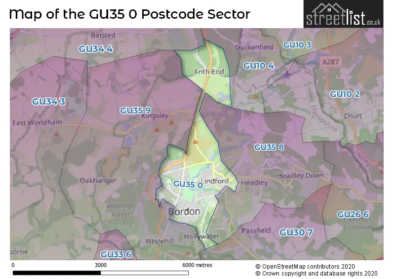 Map of the GU35 0 and surrounding postcode sector