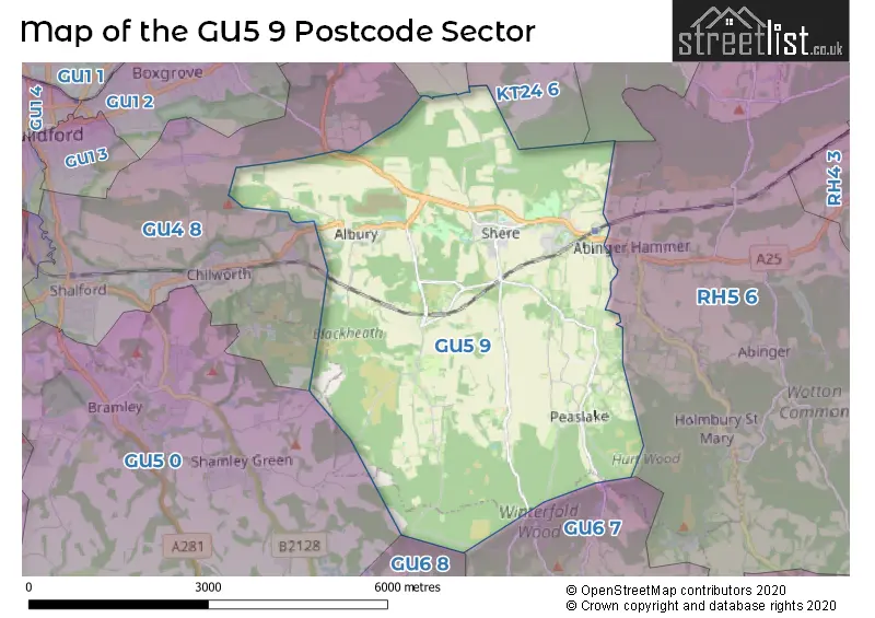 Map of the GU5 9 and surrounding postcode sector