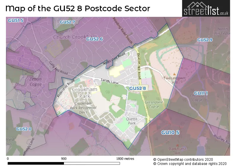 Map of the GU52 8 and surrounding postcode sector