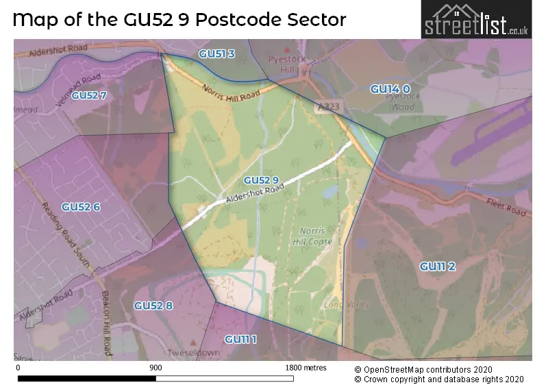 Map of the GU52 9 and surrounding postcode sector