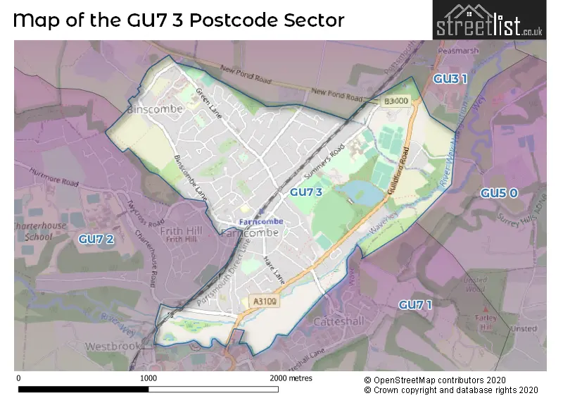 Map of the GU7 3 and surrounding postcode sector