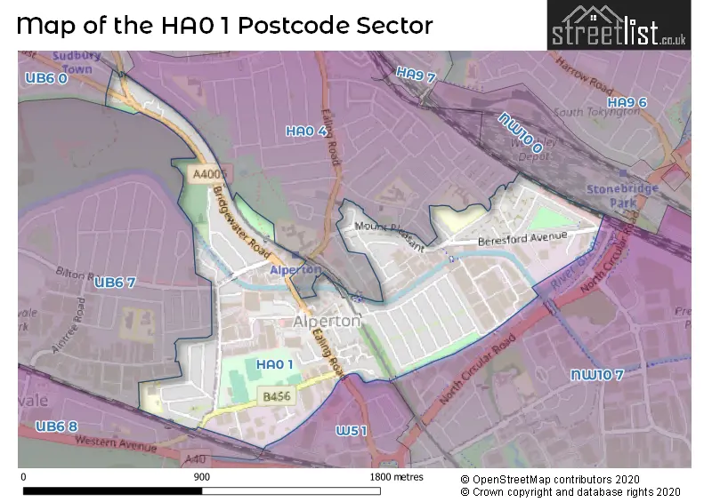 Map of the HA0 1 and surrounding postcode sector